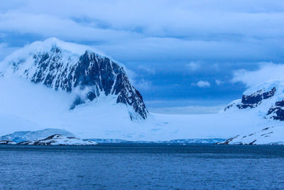 Scenic view of sea by snowcapped mountain against sky