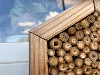 Close-up of stack on wooden table