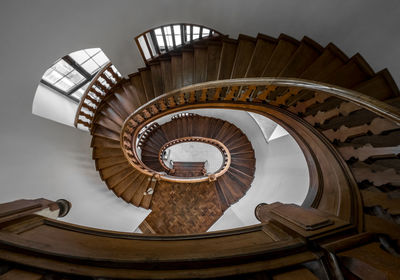 High angle view of spiral wooden staircase