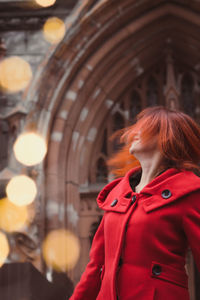 Close up happy lady shaking hair in holiday city portrait picture