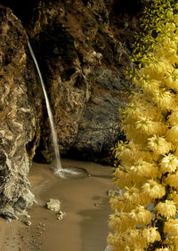 Scenic view of waterfall with rocky mountains