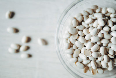 High angle view of beans in bowl on table