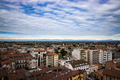 High angle shot of townscape against sky