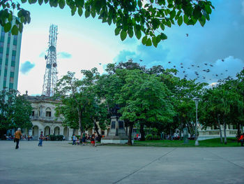 Group of people in park against buildings in city