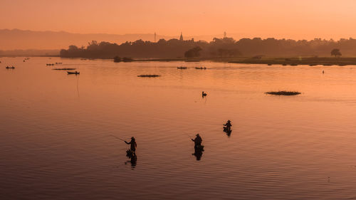 Silhouette birds swimming in lake against sky during sunset