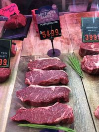 High angle view of meat for sale in market