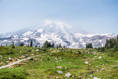 Scenic view of snowcapped mountains against sky