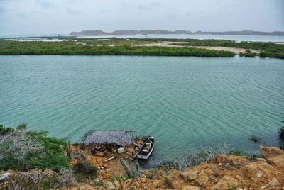 High angle view of abandoned lake against sky