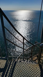Shadow of railing by sea against sky