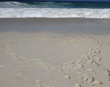 High angle view of footprints on beach