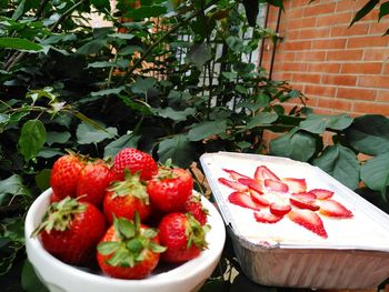 Close-up of strawberries in plate on table