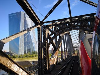 Train on bridge against sky