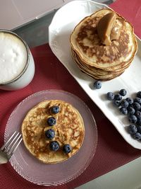 High angle view of breakfast served on table