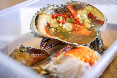 Close-up of fish served in plate on table