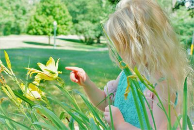 Child touches grass hopper on a flower