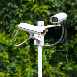 Two security surveillance cameras on the green forest background, close circuit television, cctv