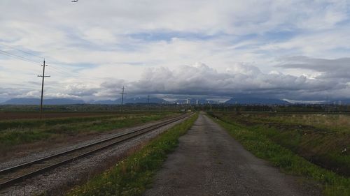 Empty railroad track amidst field against sky