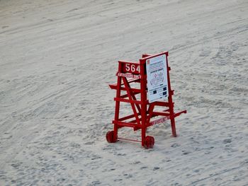 High angle view of lifeguard hut on beach during winter