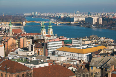 Winter view of budapest city and blue danube in hungary, europe