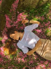 High angle view of young woman lying on field