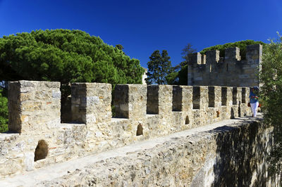 Low angle view of built structure against clear blue sky