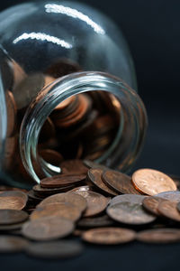 Close-up of coins on table
