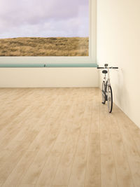 Electric bicycle in room, view through window to dunes