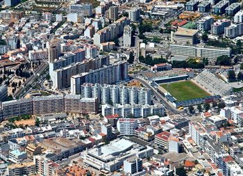 High angle view of city buildings