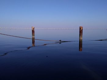 Wooden posts on sea against clear blue sky