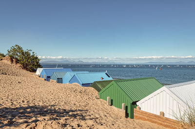 Scenic view of beach against clear blue sky