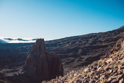 Scenic view of mountains against clear blue sky