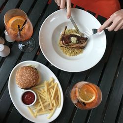 High angle view of food served on table