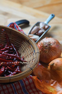 High angle view of wicker basket on table