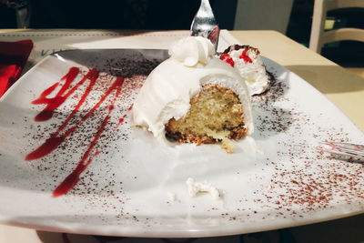 Close-up of cake served on table