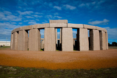 Built structure on field against sky