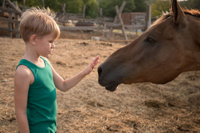 Side view of boy with horse
