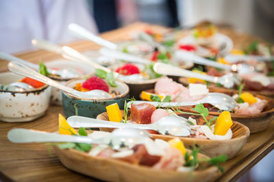 Close-up of food served on table