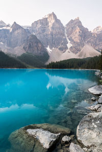 Scenic view of lake by mountains against sky