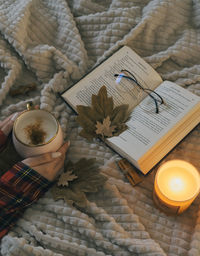 Christmas decorations with lights, hot drink, fruits and a good book