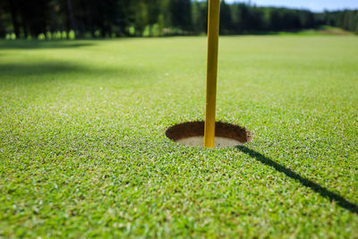 Close-up of golf ball on field