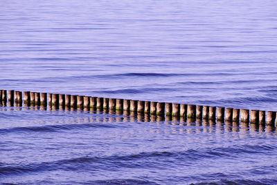 Wooden posts in sea