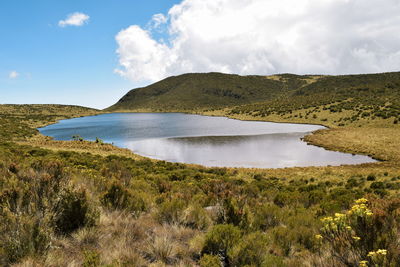 Lake against a panoramic mountain landscapes of mount kenya, lake ellis in mount kenya