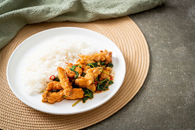 High angle view of food in plate on table