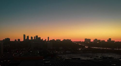 High angle view of buildings against sky during sunset