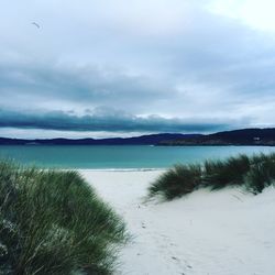 Scenic view of lake against cloudy sky