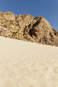 Scenic view of desert against clear blue sky