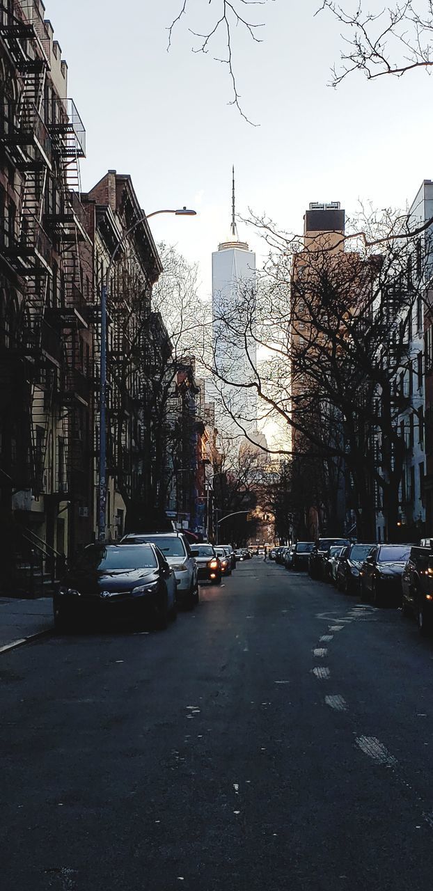 CARS ON CITY STREET BY BUILDINGS AGAINST SKY