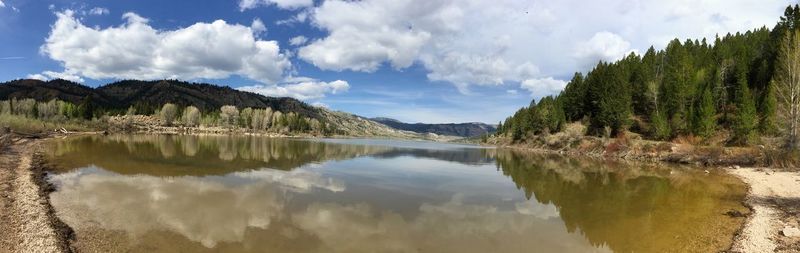 Panoramic view of lake and mountains against sky