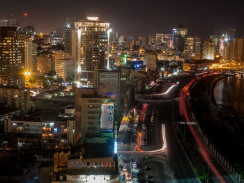 High angle view of traffic on city at night