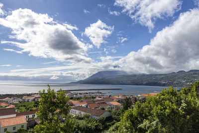 Scenic view of sea by buildings against sky